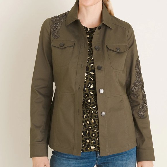 Chico's Lace Applique Embellished Utility Jacket Olive 2 L XL 12 14 - Picture 2 of 6